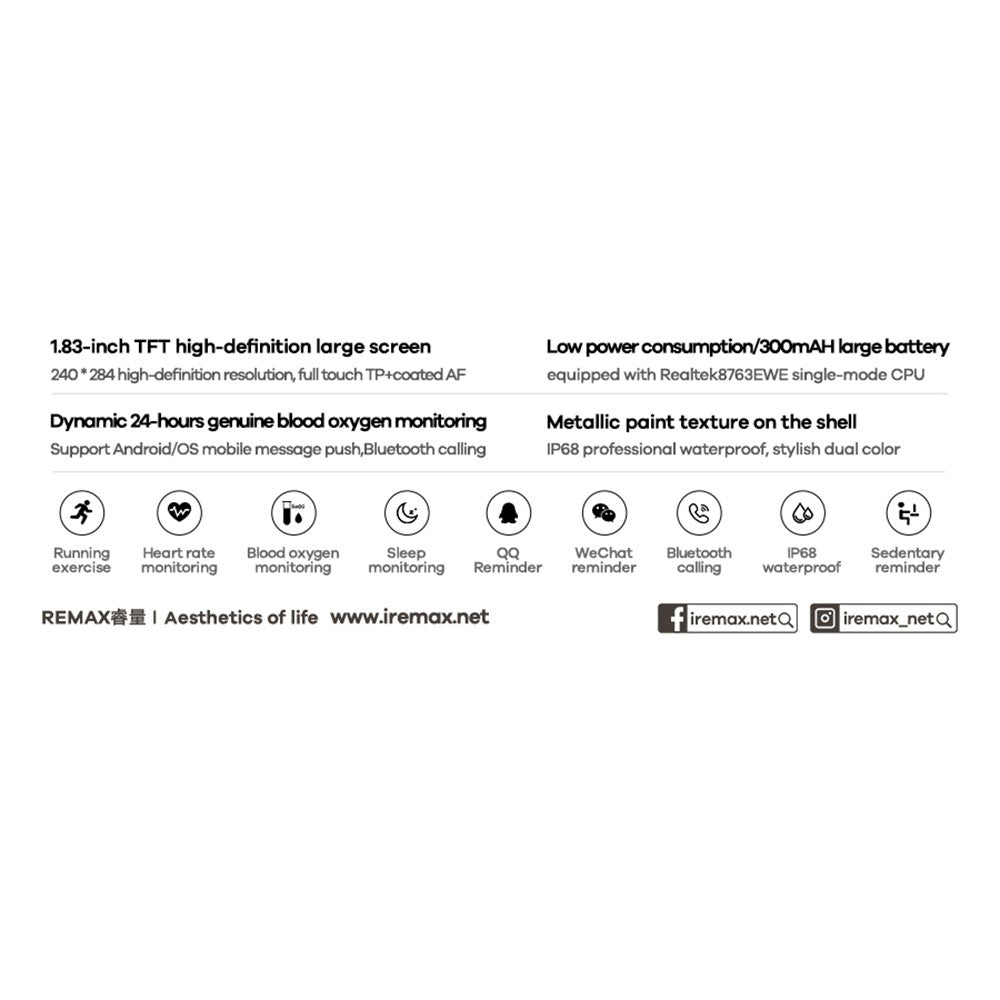 REMAX WATCH 20 Smart Watch Bluetooth-Compatible Calling IP68 Waterproof Heart Rate Monitor 100+ Sport Modes