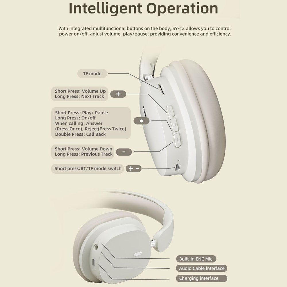 SY-T2 Wireless Over-Ear Bluetooth-compatible Headphone Foldable Headset with Built-In Noise Cancelling Microphone